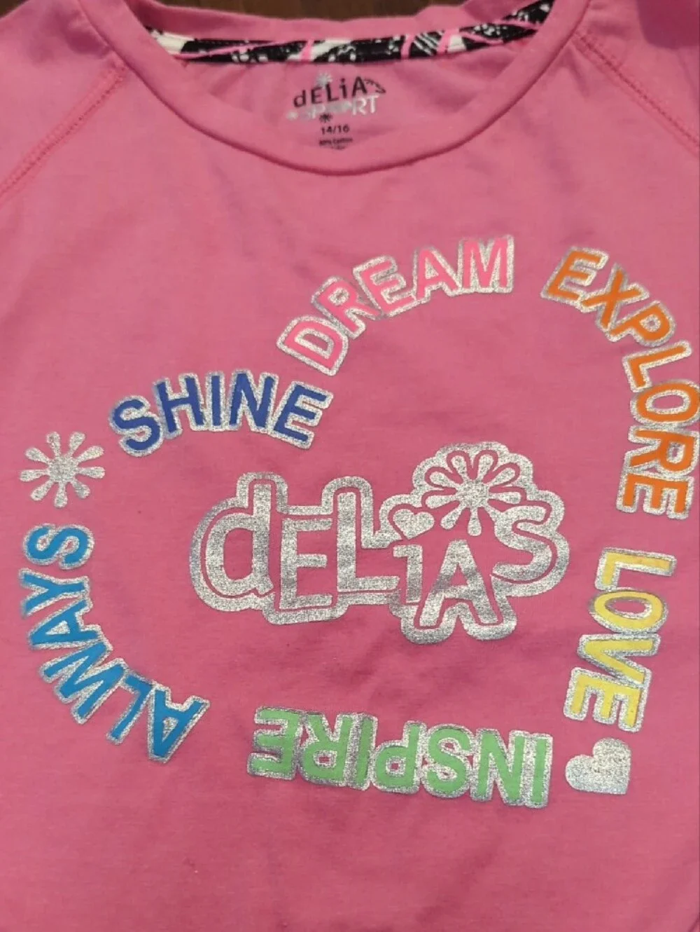 dELiA*s Pink Long Sleeve Knot-Front Tee with Colorful Graphic